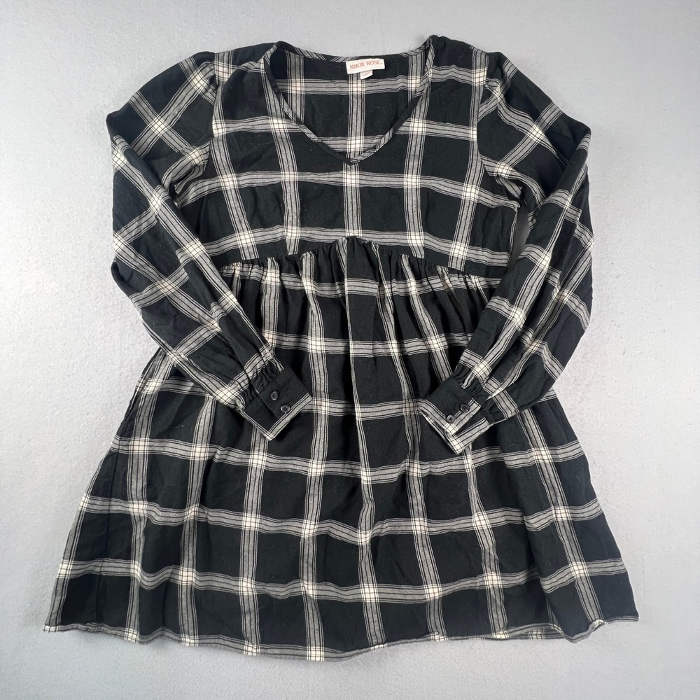 Dark Academia Plaid Babydoll Dress Small Black White Empire Waist Boho Casual